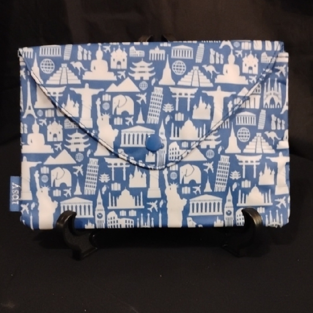 Blue and White Travel-Themed Cosmetic Bag